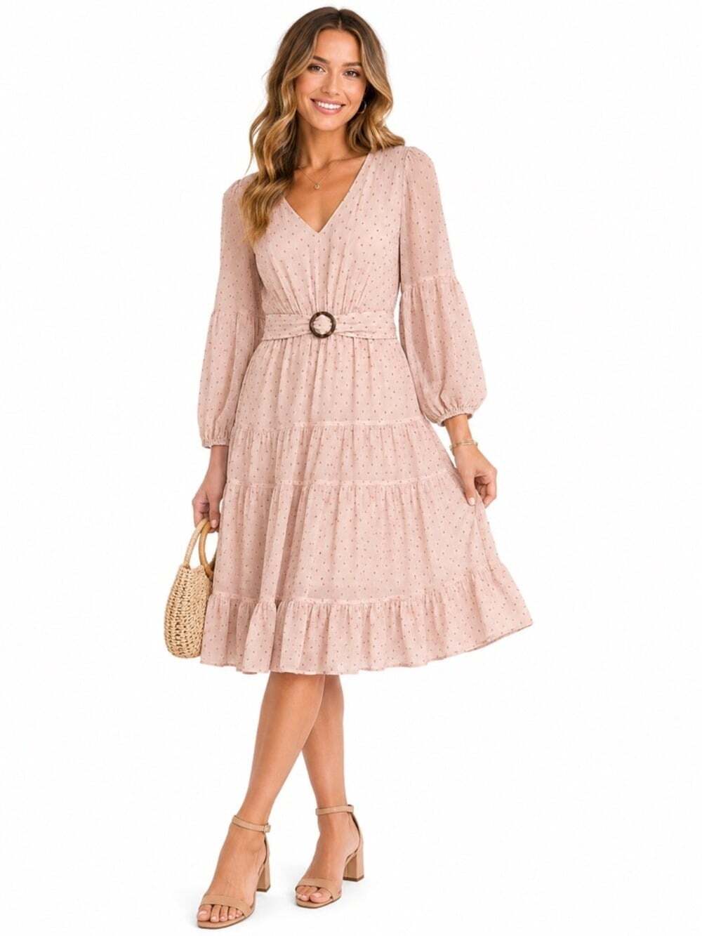 Taylor Womens Textured Dot Tiered Maxi Dress Size 8 Textured Carnation Pink Belt